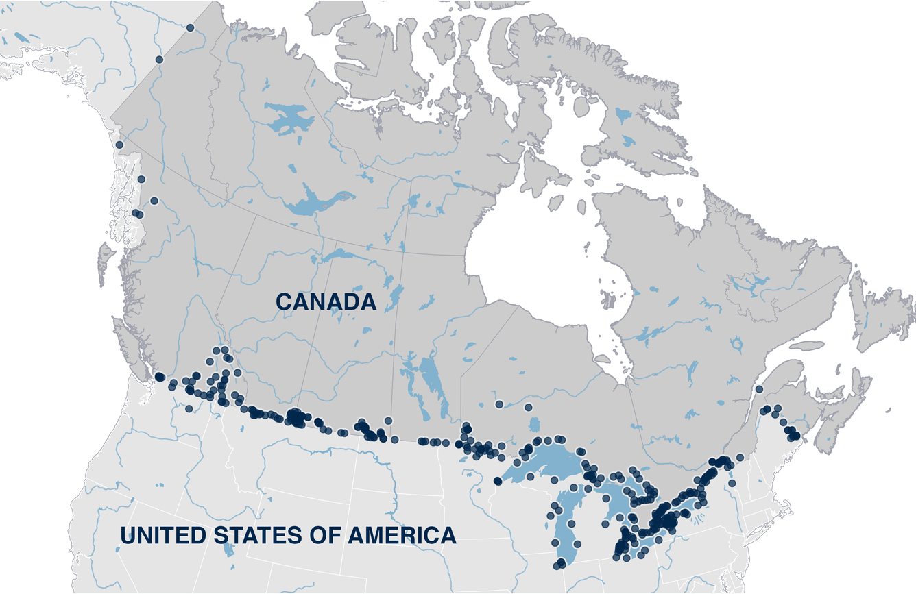 Map showing locations of USGS/Environment and Climate Change Canada International Gauging Stations.