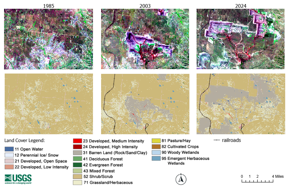 A panel of six images, with three satellite images across the top and three land cover images across the bottom and a legend