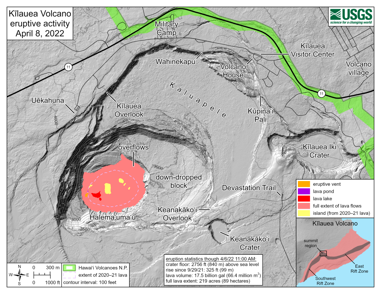 Color map of eruption at summit of volcano