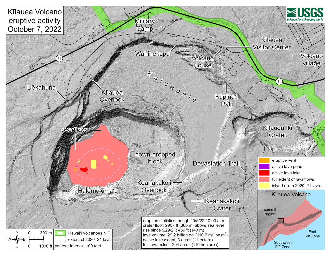 Color map of eruption at summit of volcano