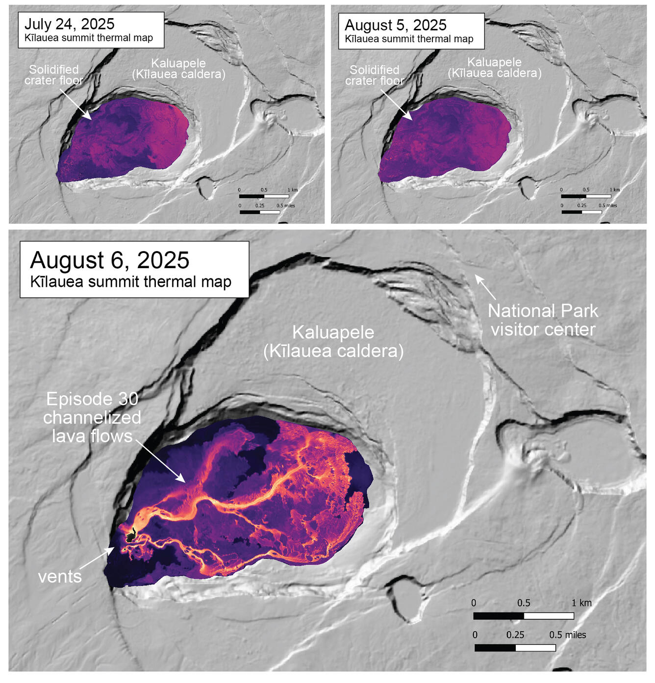 Color maps showing temperature of caldera floor where there is an ongoing eruption