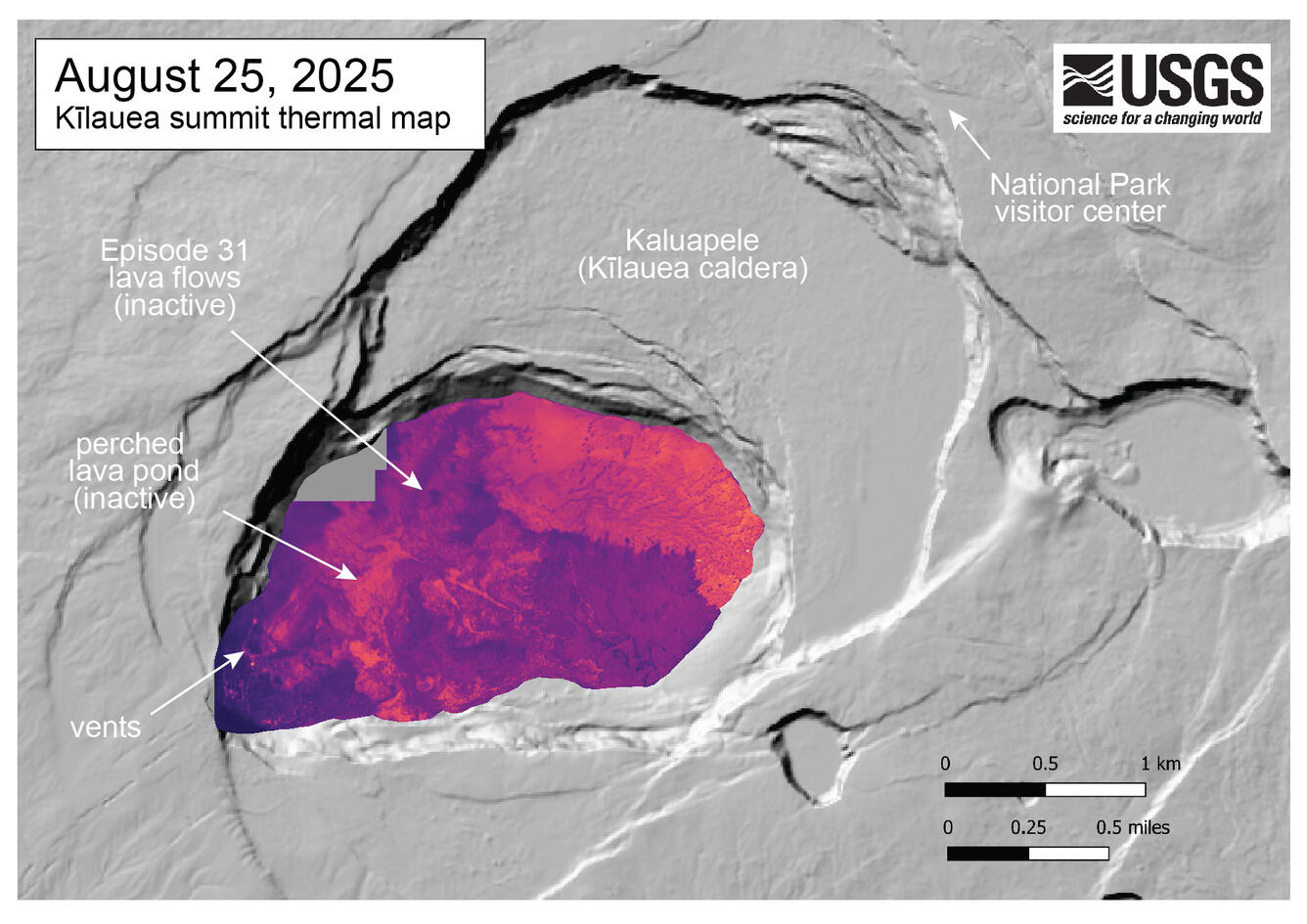 Color map showing temperature of crater floor where volcanic eruption recently occurred