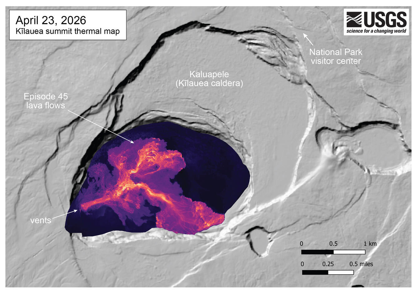 Color map showing the temperature of new lava flows on the floor of a crater shortly after an eruption ended