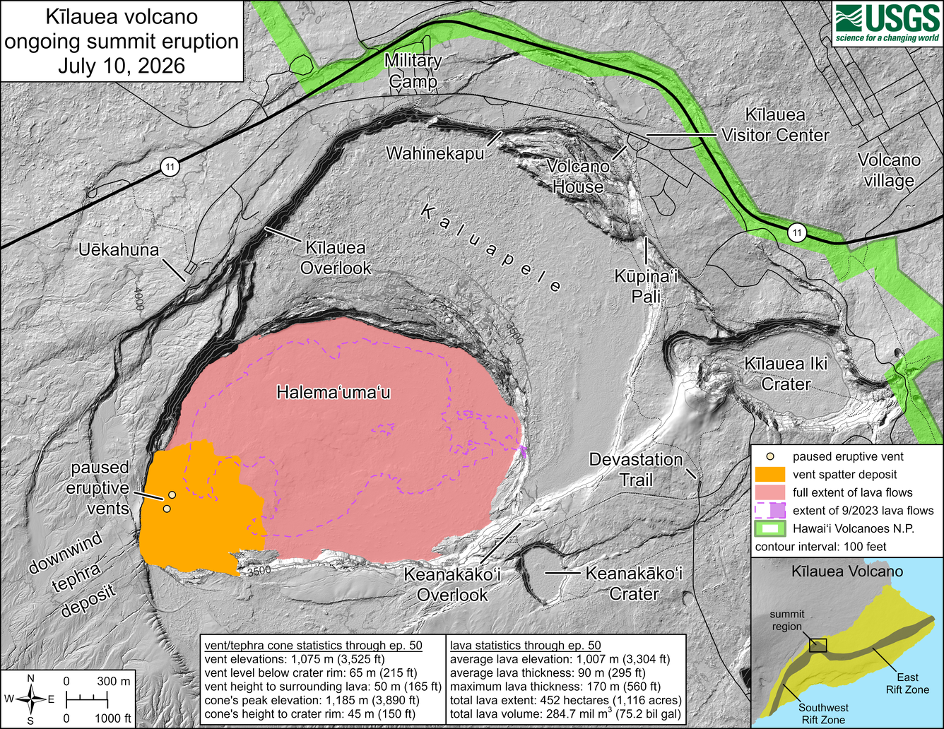 Color map showing eruption area within volcanic caldera