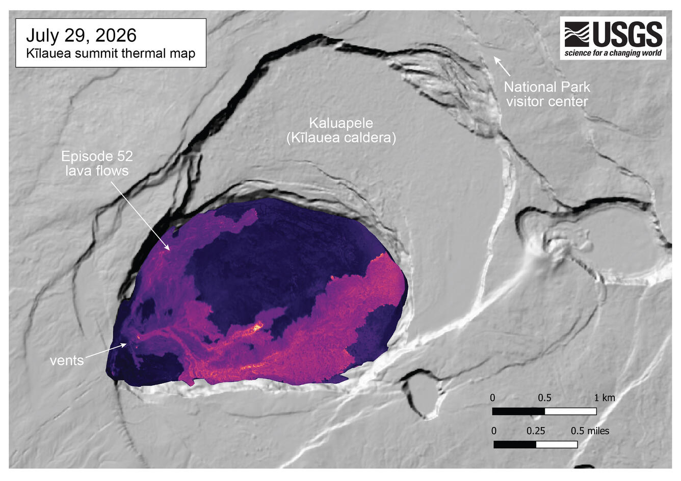 Color map of recent eruption area showing area of warmer lava flows