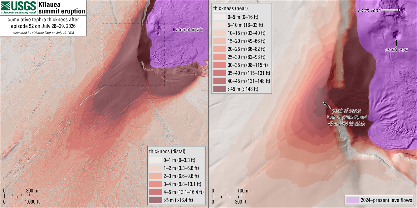 Color maps showing the thickness of a volcanic deposit