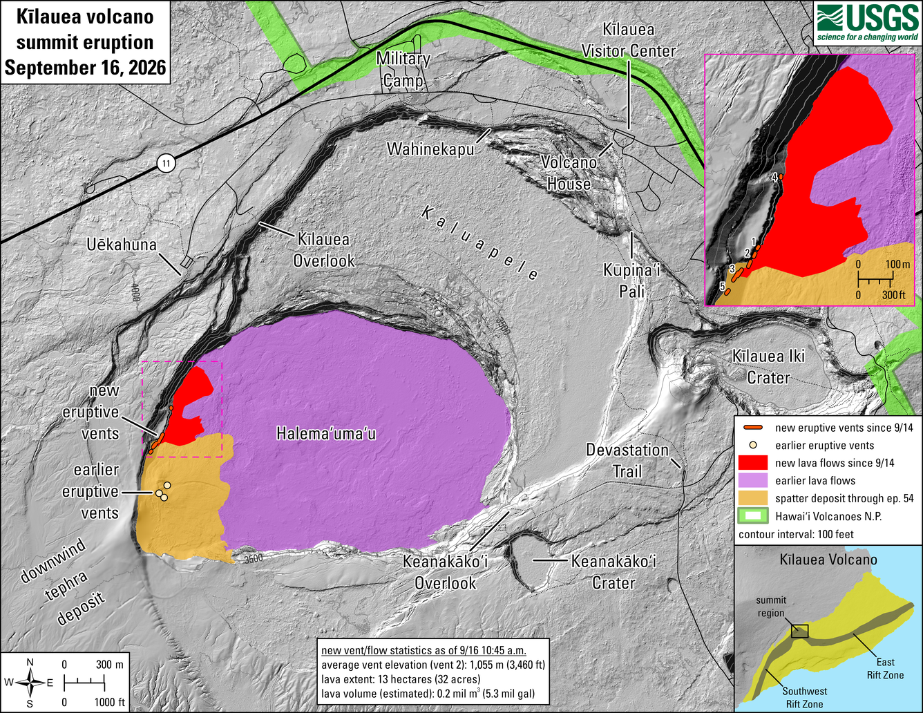 Color map showing recent eruption area at summit of volcano