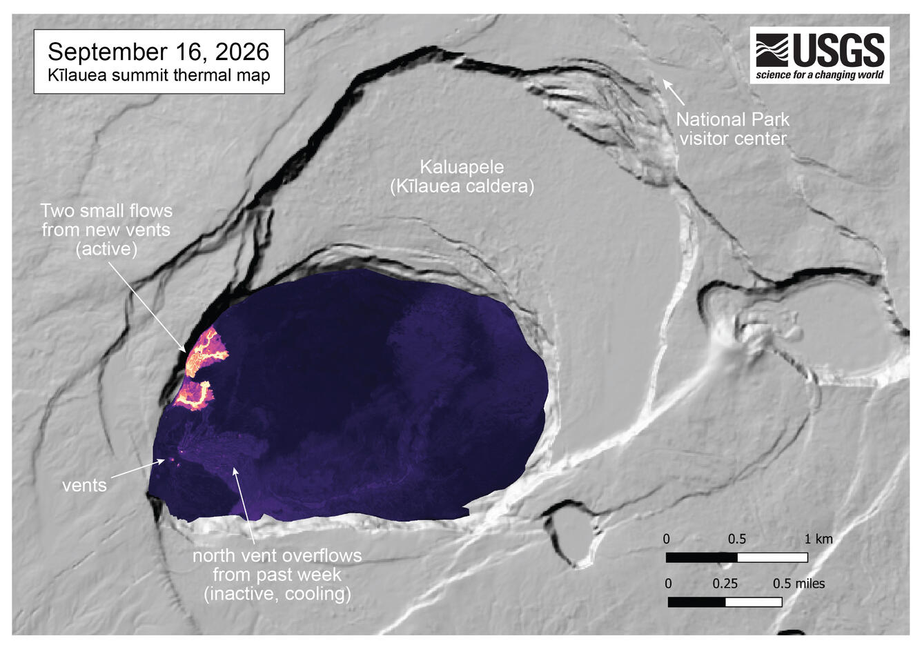 Color map showing crater floor temperature and area of new lava flows