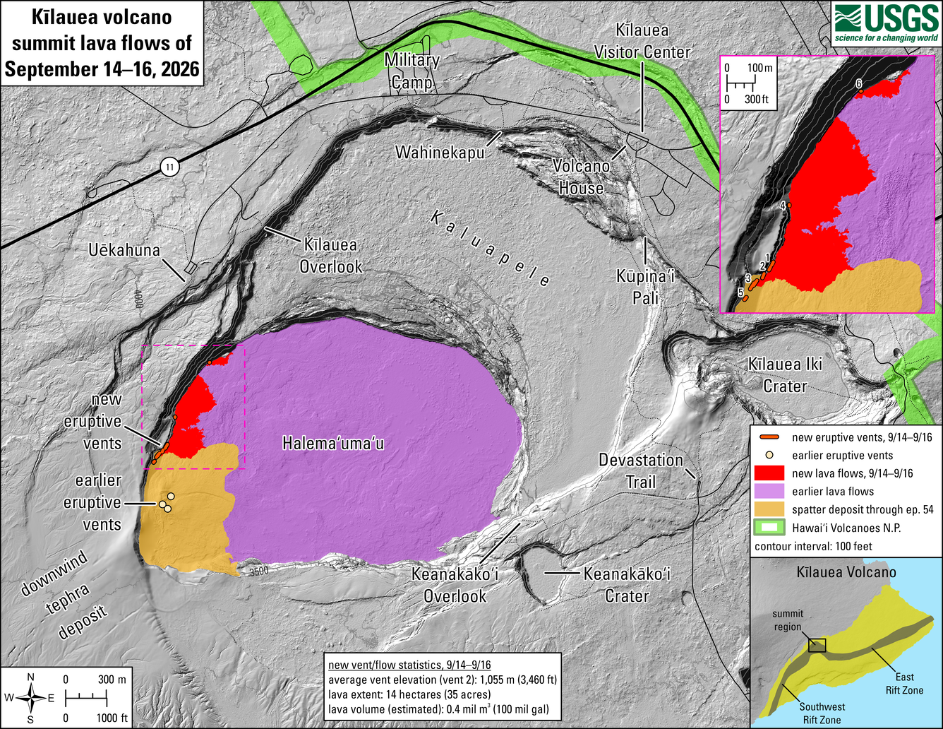 Color map showing eruption at summit of volcano