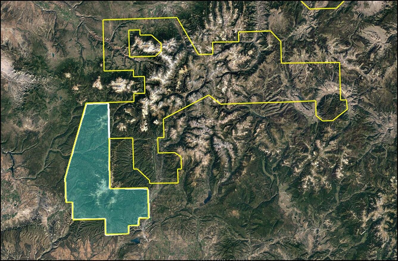 Image shows a satellite image of southwestern Colorado with the survey area marked by a yellow polygon. The first area to be surveyed is shaded green within the yellow polygon.