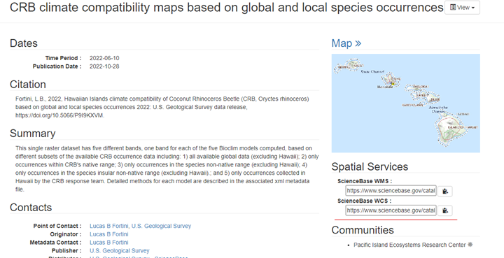 Screenshot of spatial services on a ScienceBase landing page