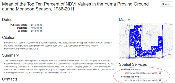 Screenshot of a ScienceBase landing page with the Spatial Services section circled
