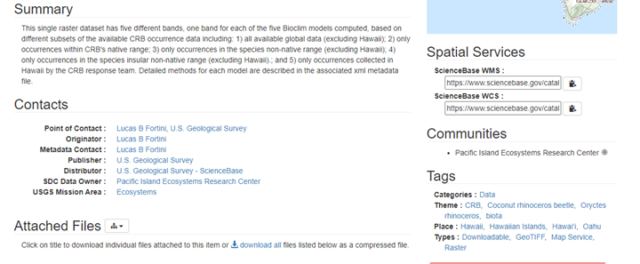 Screenshot of a ScienceBase landing page with the tags section underlined