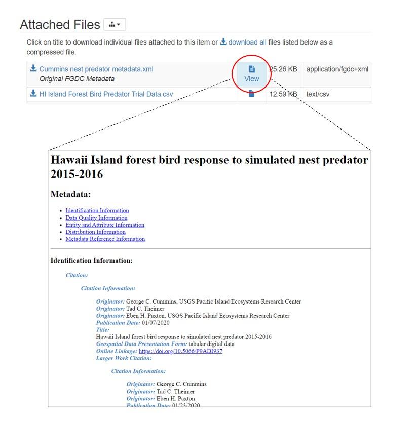 Screenshot of the ScienceBase "View" button and its output.