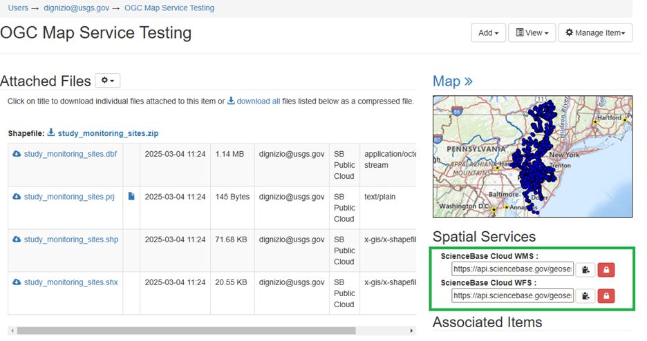 Example image of shapefile map service on item. A WFS and a WMS are available