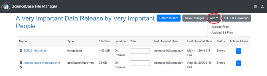 Screenshot of ScienceBase large file upload interface.