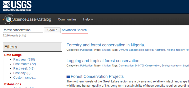 Screenshot of advanced search option in ScienceBase