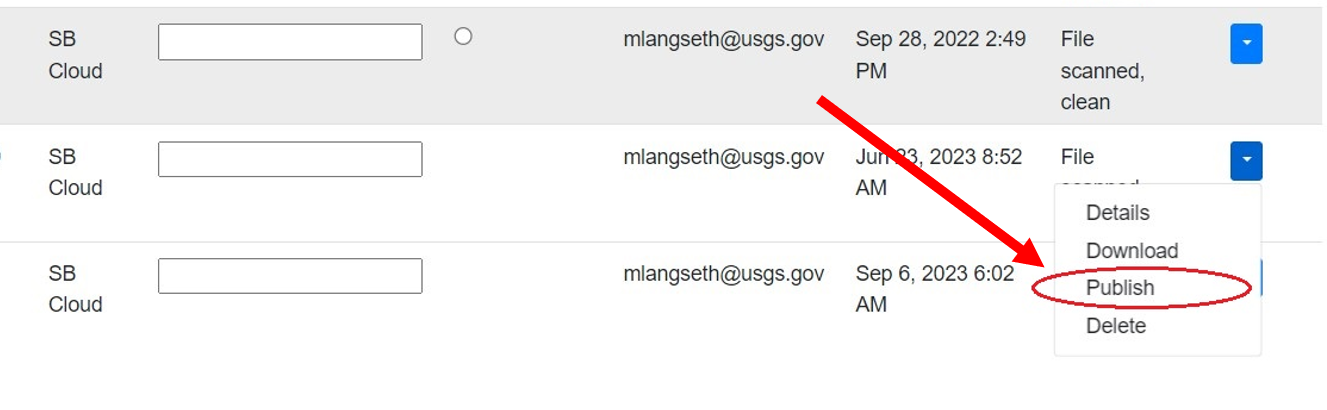 Screenshot of ScienceBase file upload interface, publishing.