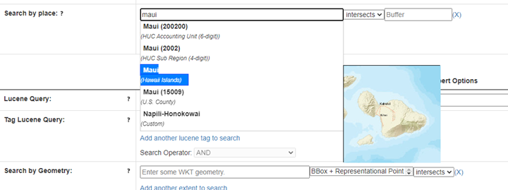 Screenshot of filter by place feature in ScienceBase