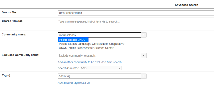 Screenshot of search by community feature in ScienceBase