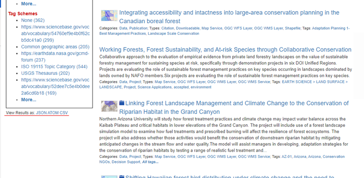 Screenshot of download options for ScienceBase search results