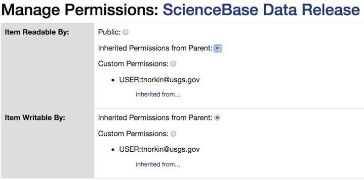 Screenshot of Manage Permissions options in ScienceBase.