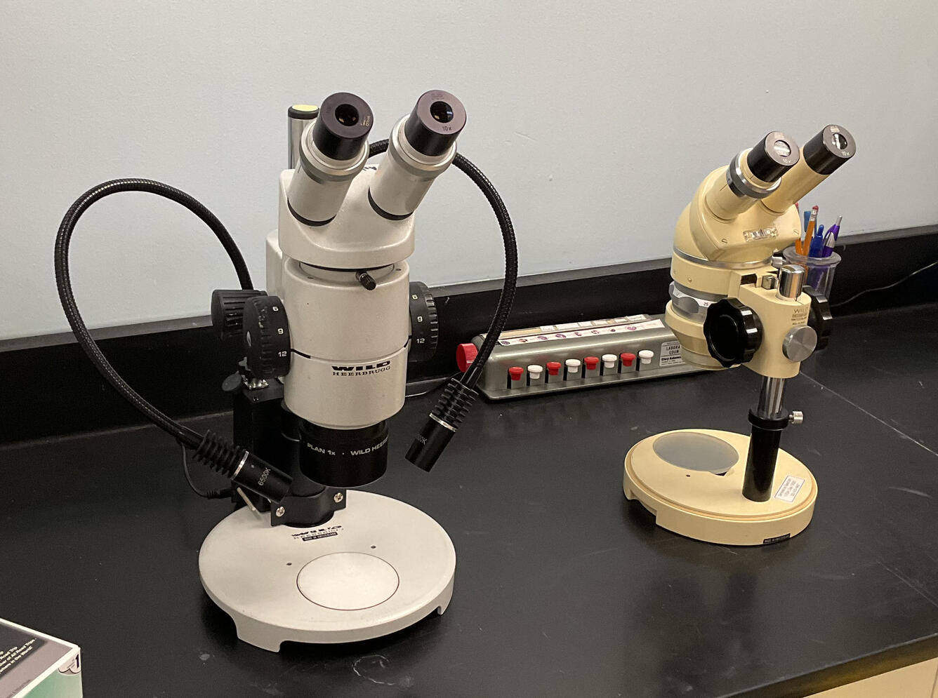 two dissecting microscopes on table with counting device