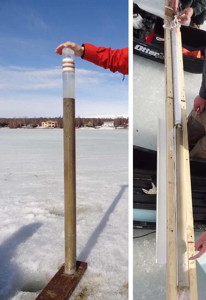 two photos of ice coring work on a frozen lake: a hand holds a filled coring tube upright and another core laid horizontally