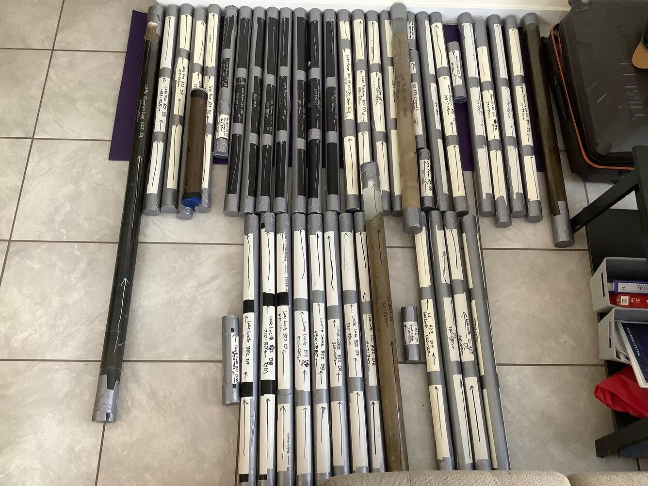 an array tubes containing lake coring samples to be processed