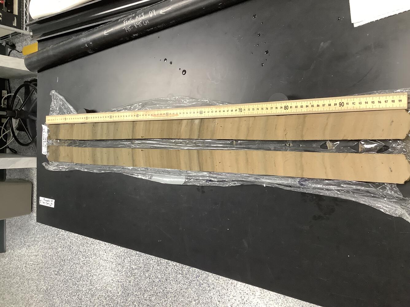 a 1-meter long side-by-side section of core showing sediment layers