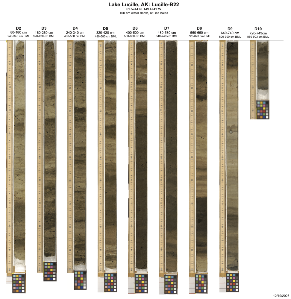 segmented sediment core from Lake Lucille in Alaska, split into 9 columns, numbered D2 through D10
