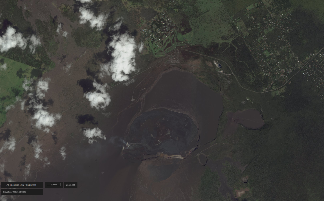 Color satellite image of caldera at the summit of a volcano