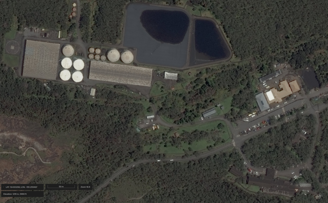 Color satellite image of infrastructure near summit of volcano