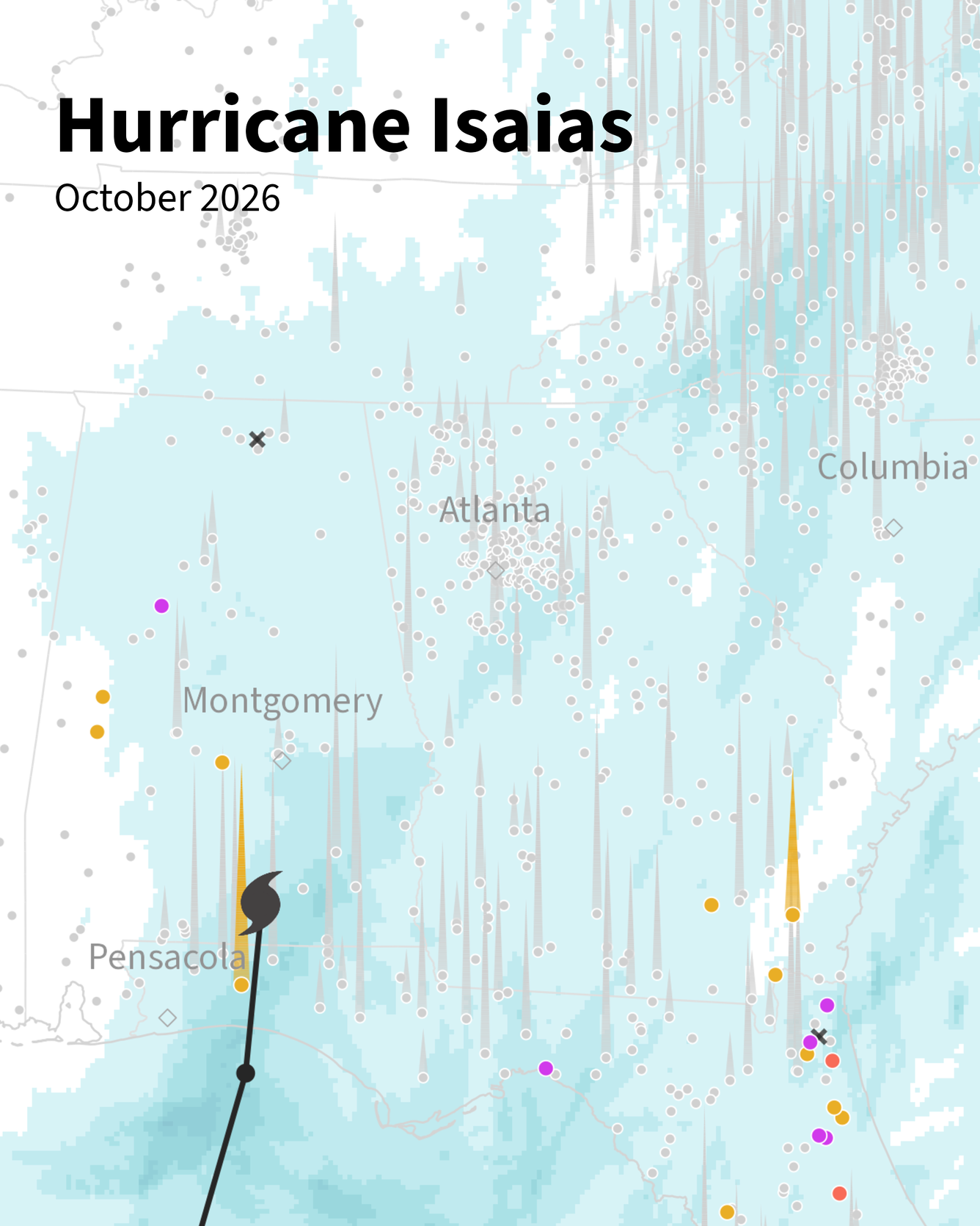  Map tracking Hurricane Isaias across the Gulf Coast and Southeast U.S. from October 7 through October 12.