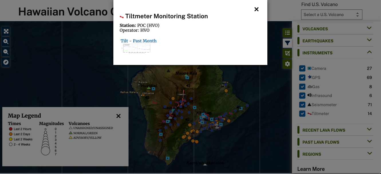Screenshot of volcano monitoring map showing instrument filter and results