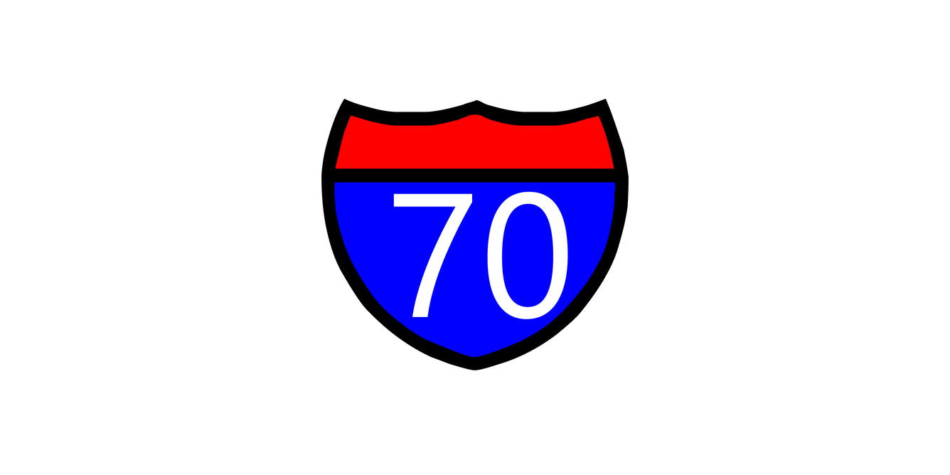A red and blue interstate symbol with a white number that identifies the route.  