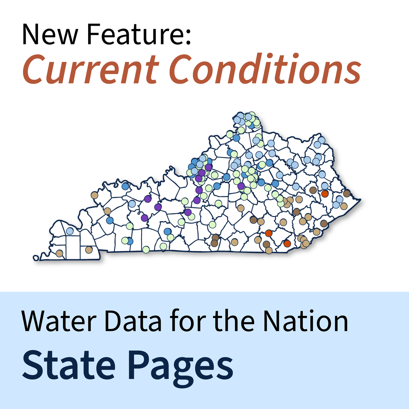 Thumbnail for New feature, Current Conditions on the Water Data for the Nation State Pages. Image of Kentucky with colored dots representing streamflow compared to historic daily averages, expressed as percentiles.