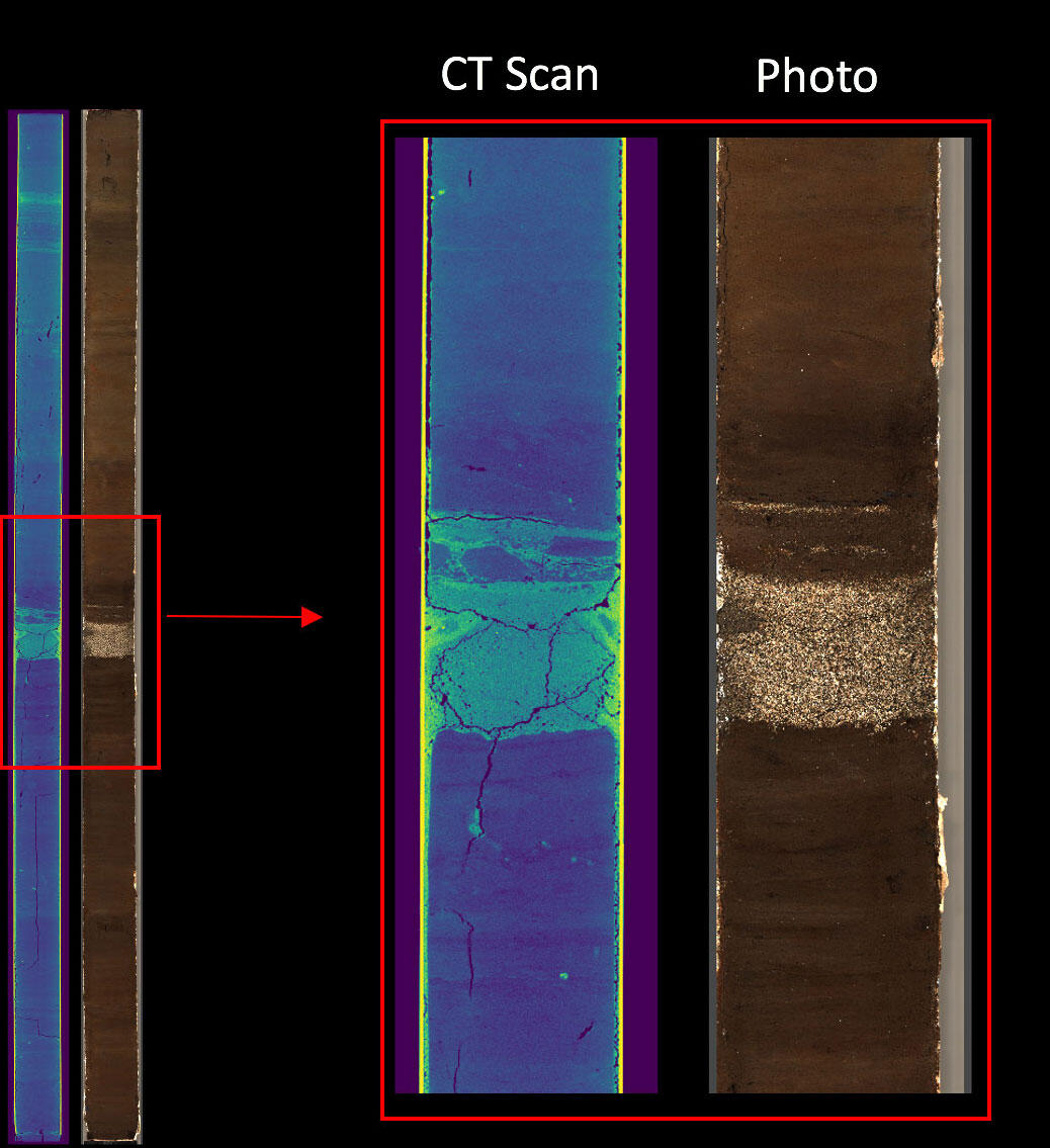 Photos of a sediment core showing special features that scientists look for.