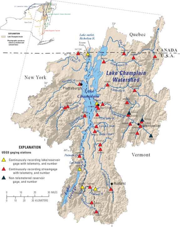 A map of the Lake Champlain watershed with gage sites identified.