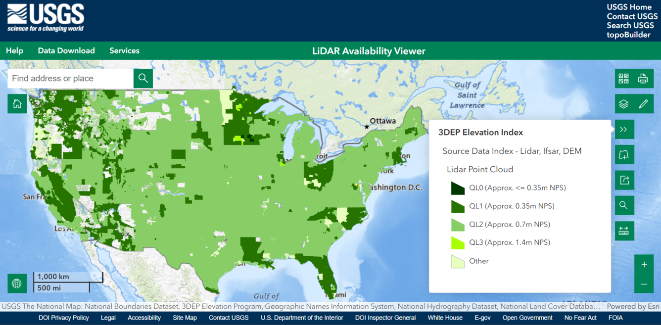 Screen shot of the Lidar Availability Viewer