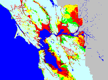 Map of the San Francisco Bay Area, California with colored spots showing liquefaction potential