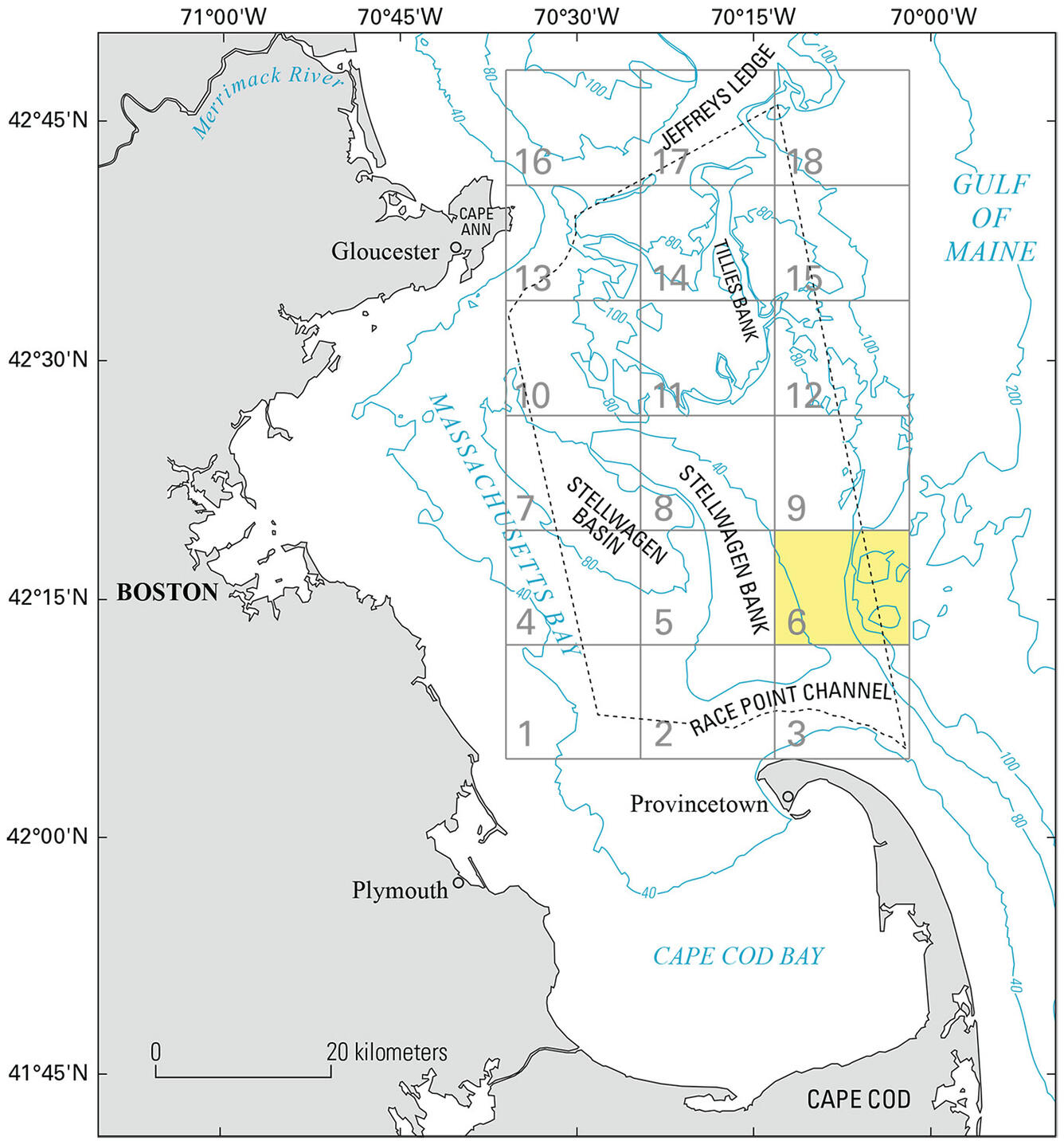 Image shows map of Stellwagen Bank region near Boston, a yellow highlighted box shows area mapped in study.