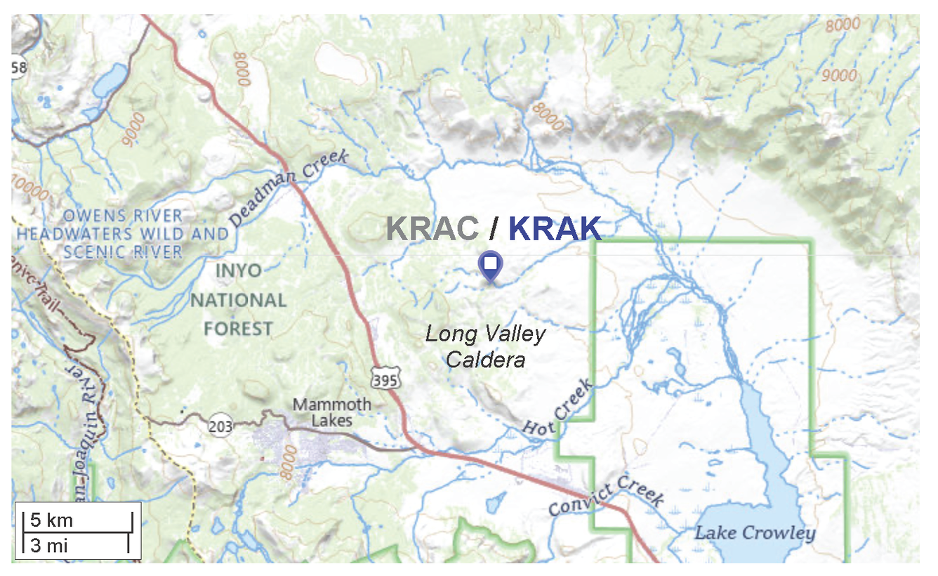 This shaded relief map shows the Long Valley Caldera, Lake Crowley, and the town of Mammoth Lakes. Highway 395 cuts diagonally across the caldera from northwest to southeast. In the center of the map, a label shows the location of GPS station KRAC/KRAK.
