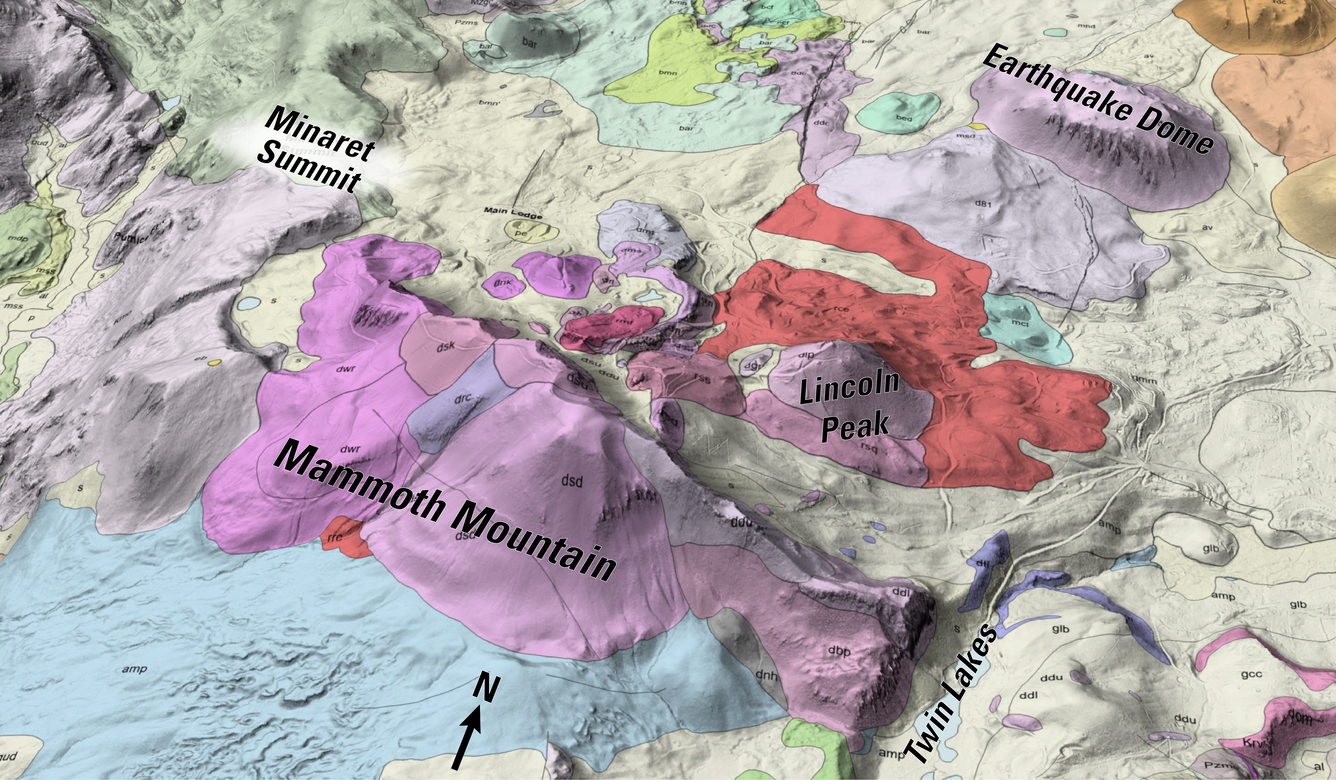 An oblique 3D geologic map of Mammoth Mountain shows lava domes in pink, lava flows from Lincoln Peak in red, and the surrounding terrain in shades of yellow and light blue