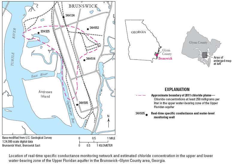 Map of Wells in the Brunswick, Georgia Area, Monitored for Saltwater Intrusion