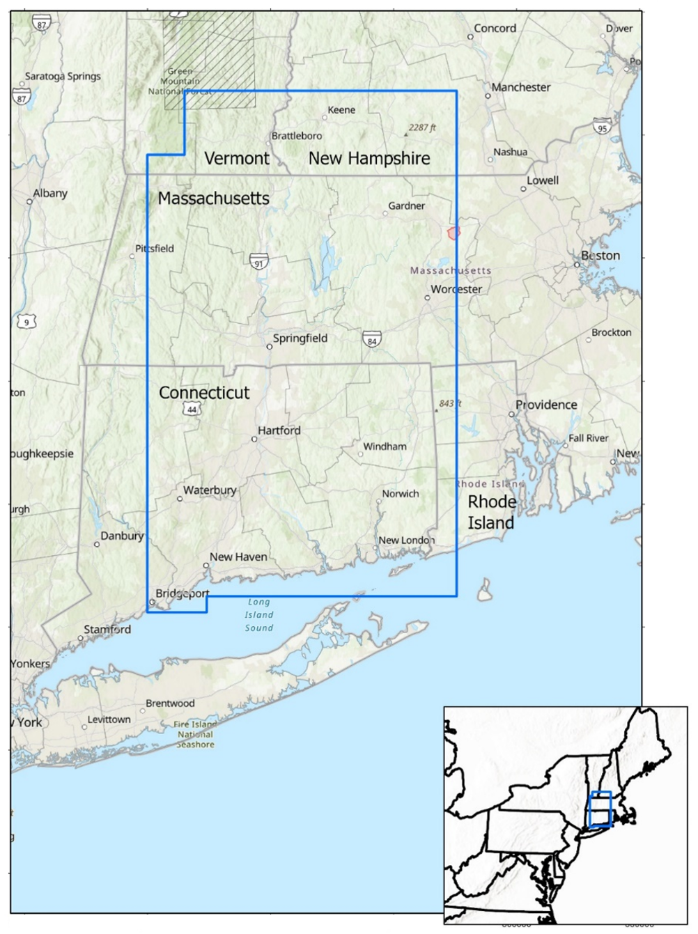 Multicolor map of the Connecticut River Valley from southern Vermont and New Hampshire to Long Island Sound.