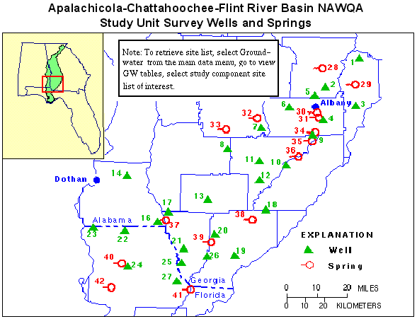 Groundwater Study Area, Wells and Springs, Apalachicola-Chattahoochee-Flint River Basin