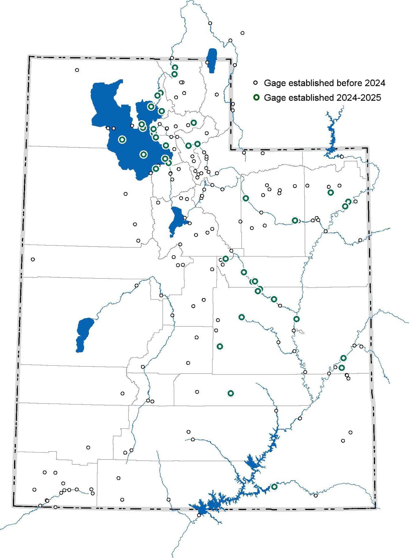 This is an image of the outline of Utah and counties, showing main water bodies and 187 surface water gaging stations.