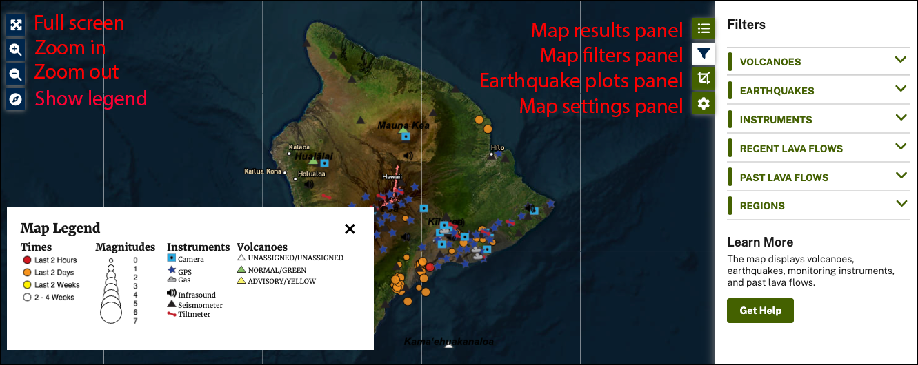 screenshot of volcano monitoring map showing information panel, map controls, and map legend