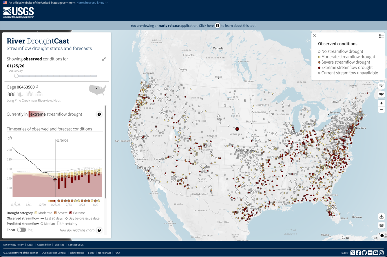 Screenshot of River DroughtCast showing lower 48 US and example timeseries